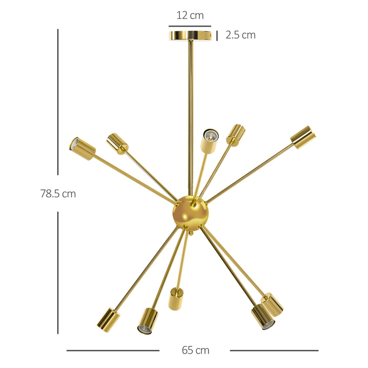 Modern Sputnik Ceiling Lights, 10-Light Chandelier for Bedroom Living Room with E27 Base, 65x65x78.5cm, Gold Tone