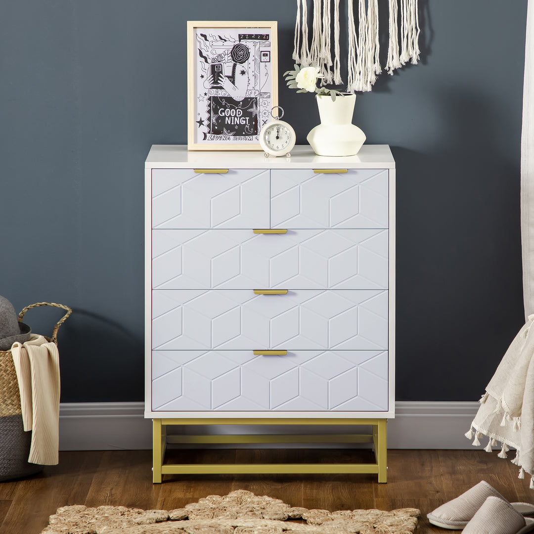 Modern Chest of Drawers, 5-Drawer Storage Organizer Unit with Golden Effect Steel Base for Bedroom, Living Room, Natural, White
