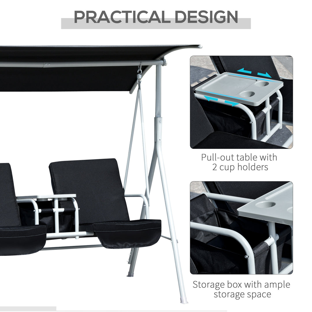2 Seater Garden Swing Chair Patio Rocking Bench w/ Tilting Canopy, Double Padded Seats, Storage Bag and Tray, Black