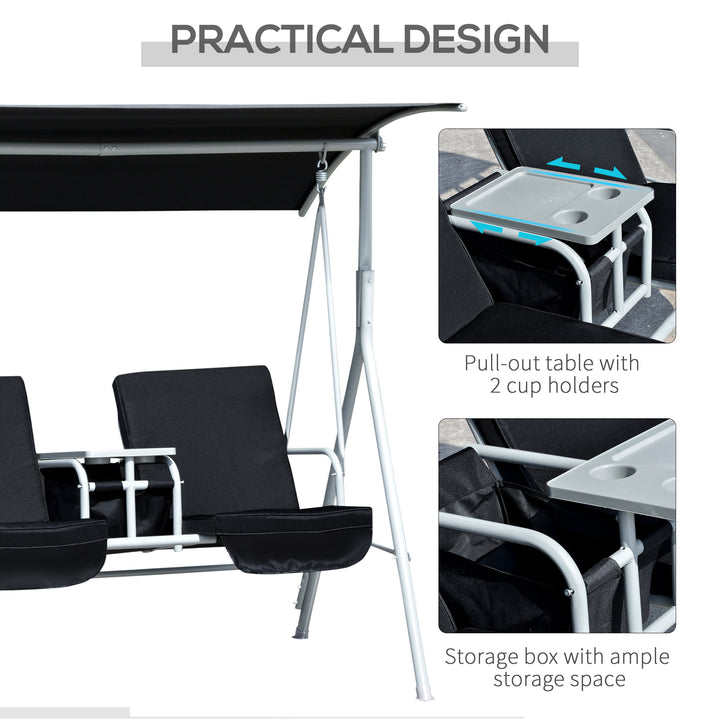 2 Seater Garden Swing Chair Patio Rocking Bench w/ Tilting Canopy, Double Padded Seats, Storage Bag and Tray, Black