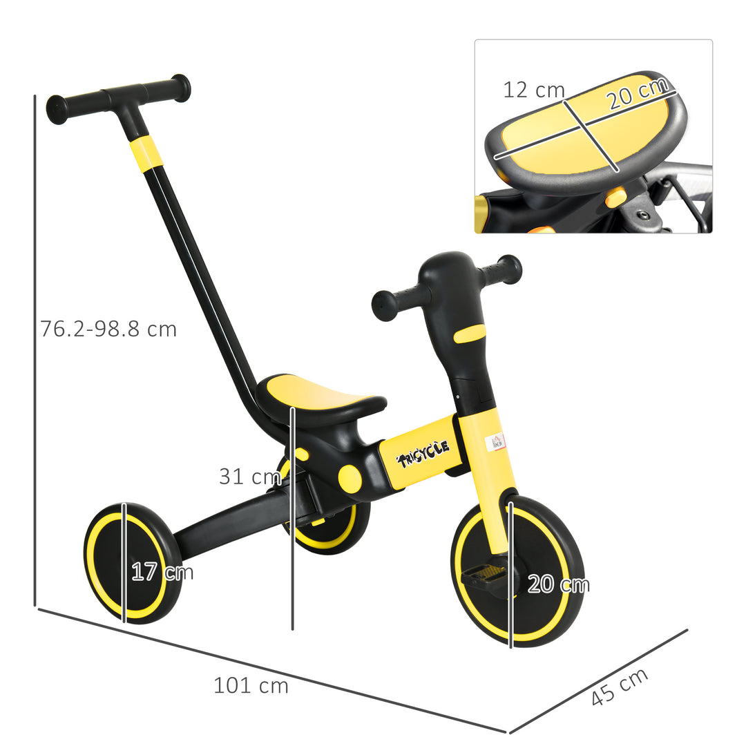 4-in-1 Tricycle for Kids, Baby Trike with Adjustable Push Handle, 18-60 Months, Yellow