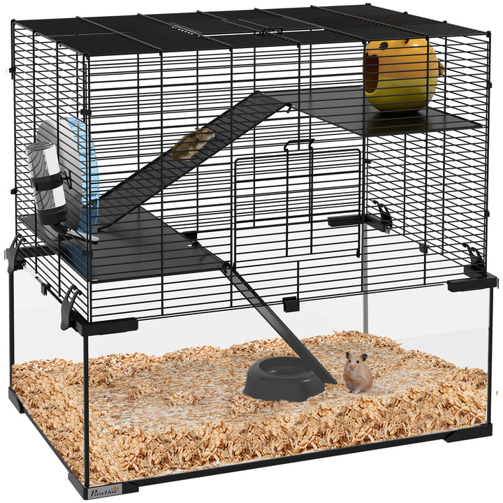 3 Tiers Hamster Cage, Gerbil Cage with Deep Glass Bottom, Non-Slip Ramps, Platforms, Hut Exercise Wheels Water Bottle for Syrian Dwarf Hamster