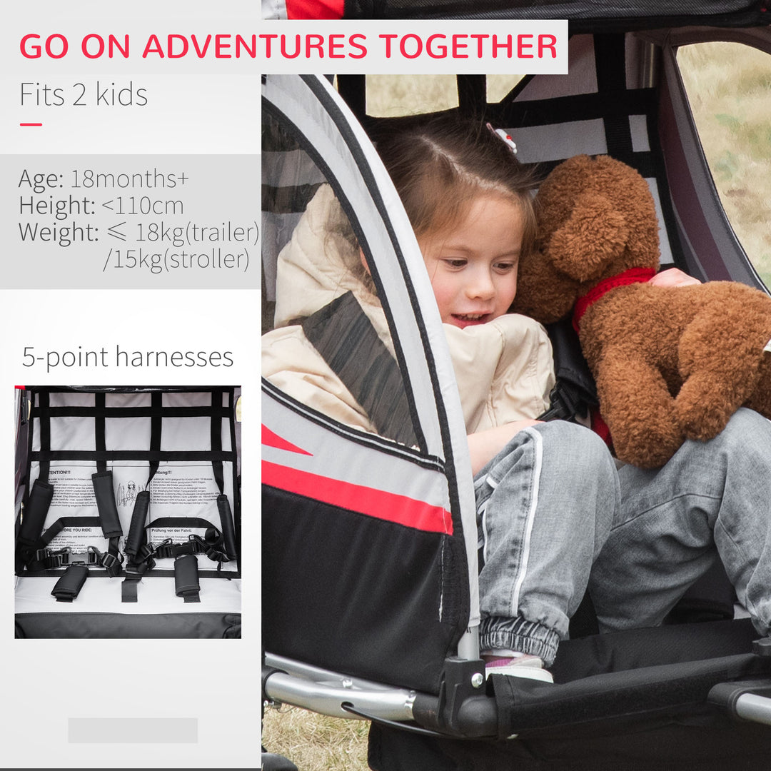 Child Bike Trailer 2 In 1 Baby Stroller 2-Seater Transport Carrier with Brake, 5 Point Harness, Storage Bag, Reflector, Flag, Red