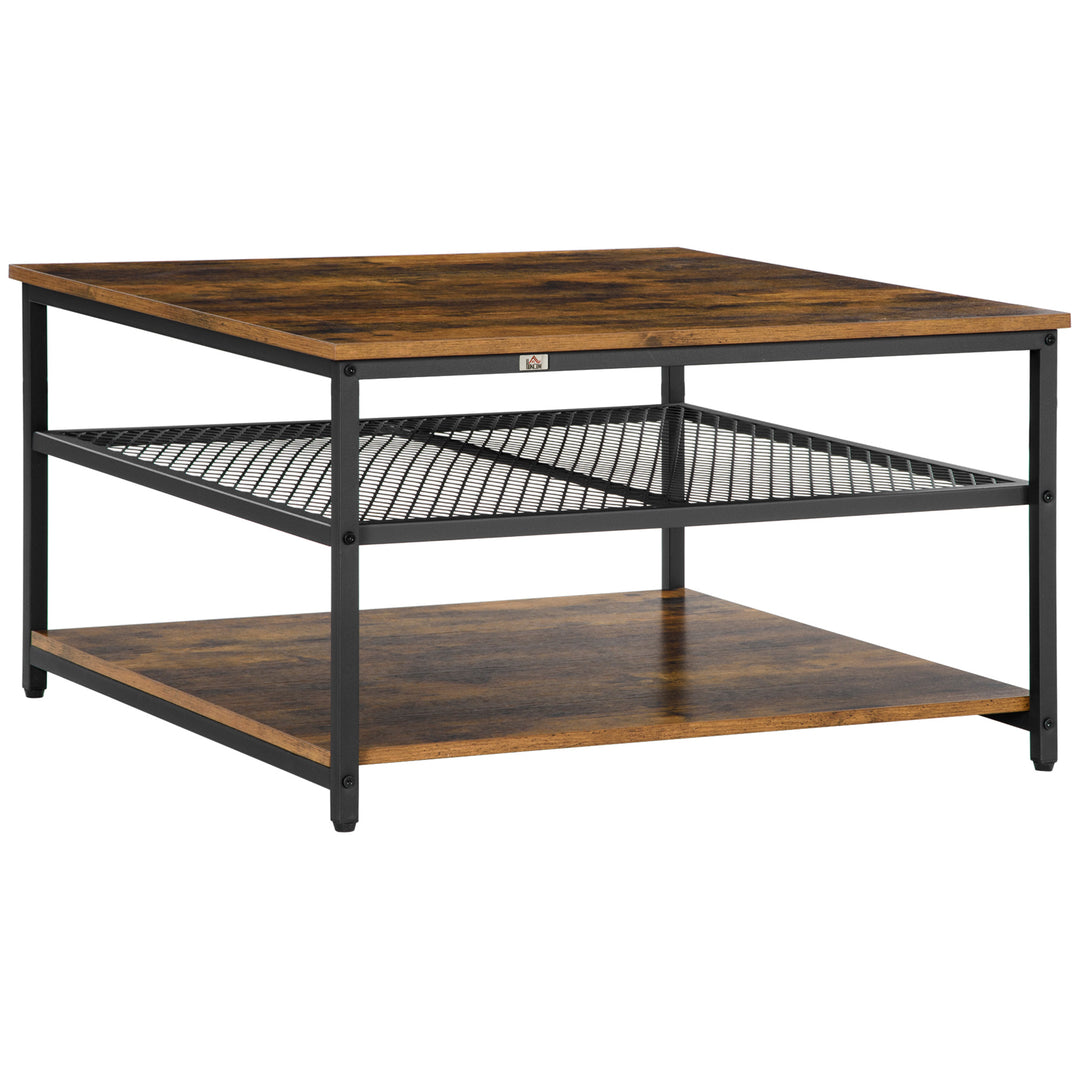 HOMCOM Industrial Coffee Table, Square Cocktail Table with 3-Tier Storage Shelves for Living Room, Rustic Brown