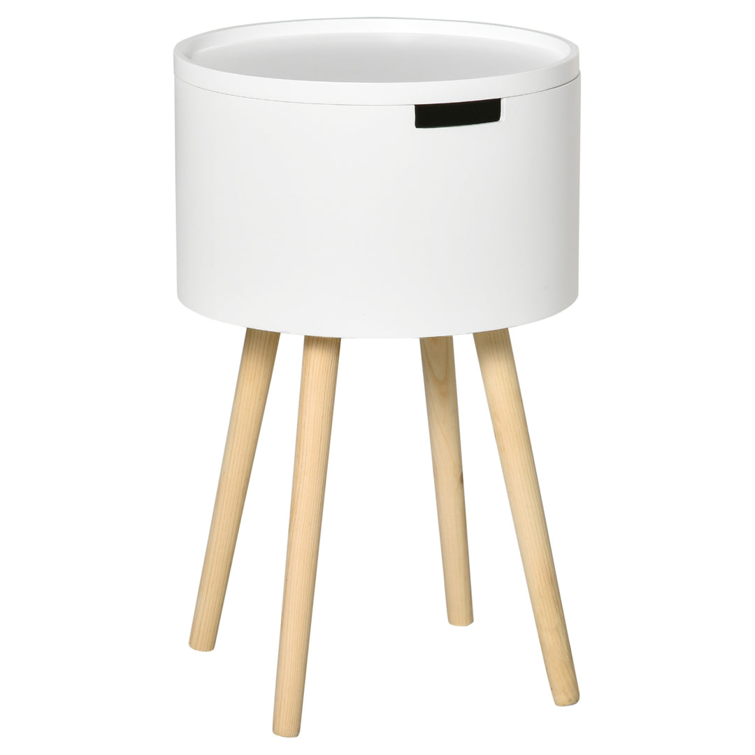 Modern Side Table with Hidden Storage Space, Round Night Stand with Removable Tray Wood Frame End Coffee Table, White