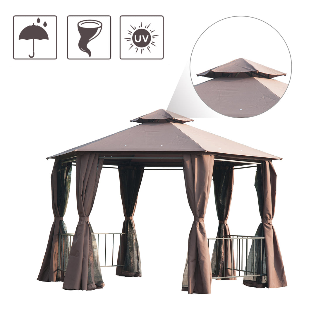 Hexagon Gazebo Patio Canopy Party Tent Outdoor Garden Shelter w/ 2 Tier Roof & Side Panel - Brown