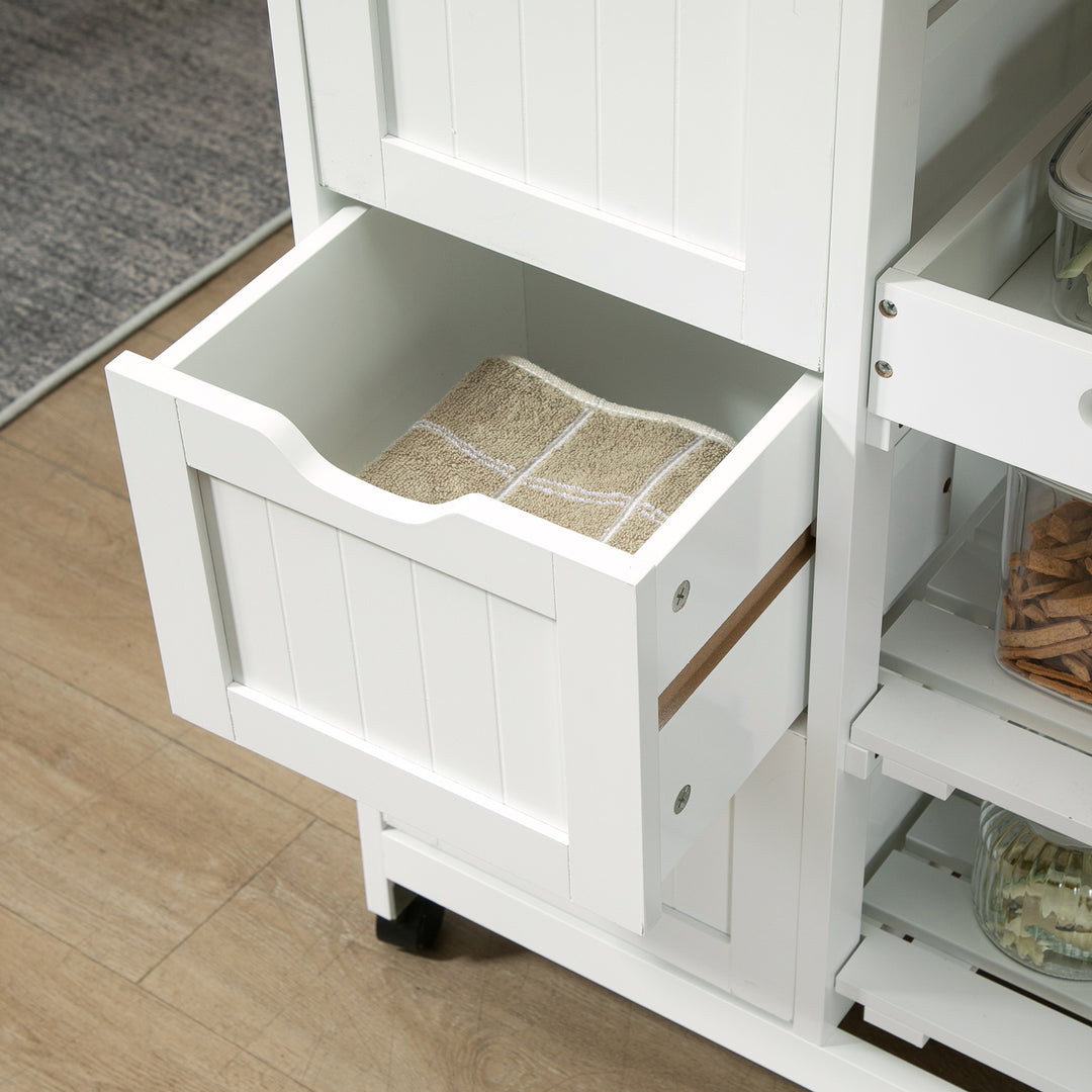 Rolling Kitchen Island Cart, Bar Serving Cart, Compact Trolley on Wheels with Wood Top, Shelves &amp; Drawers for Home Dining Area, White