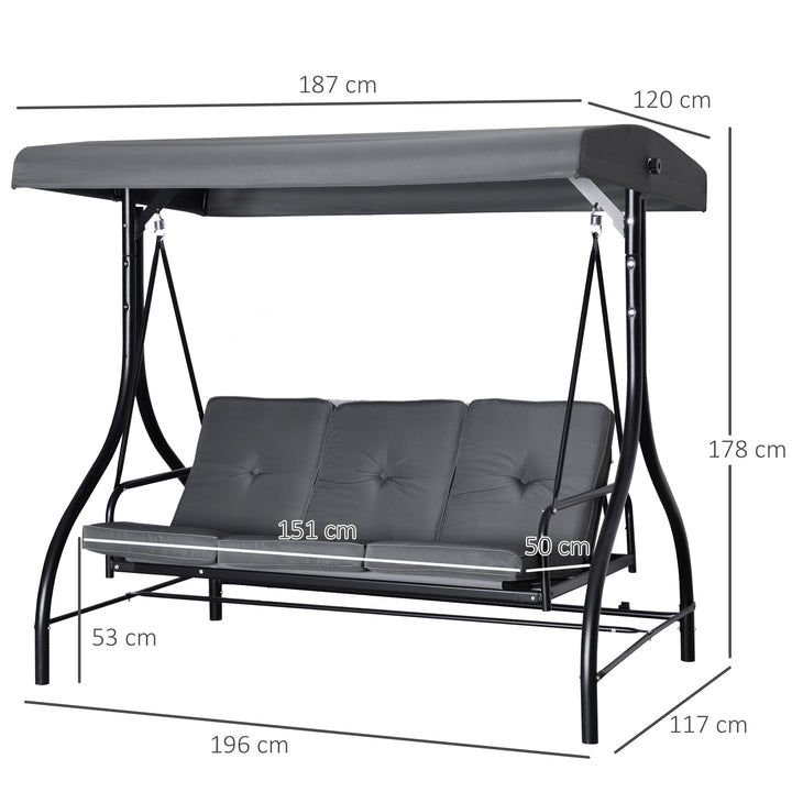 3 Seater Canopy Swing Chair Porch Hammock Heavy Duty 2 in 1 Garden Bench Lounger Bed with Metal Frame - Dark Grey