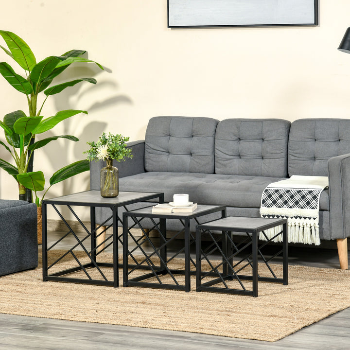 Set of 3 Nest of Tables, Square Side Tables with Black Metal Frame, for Living Room, Bedroom and Office, Grey