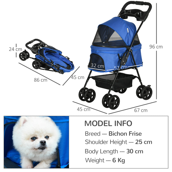 PawHut No-Zip Pet Stroller Dog Cat Travel Pushchair One-Click Fold Trolley Jogger with EVA Wheels Brake Basket Adjustable Canopy Safety Leash Blue