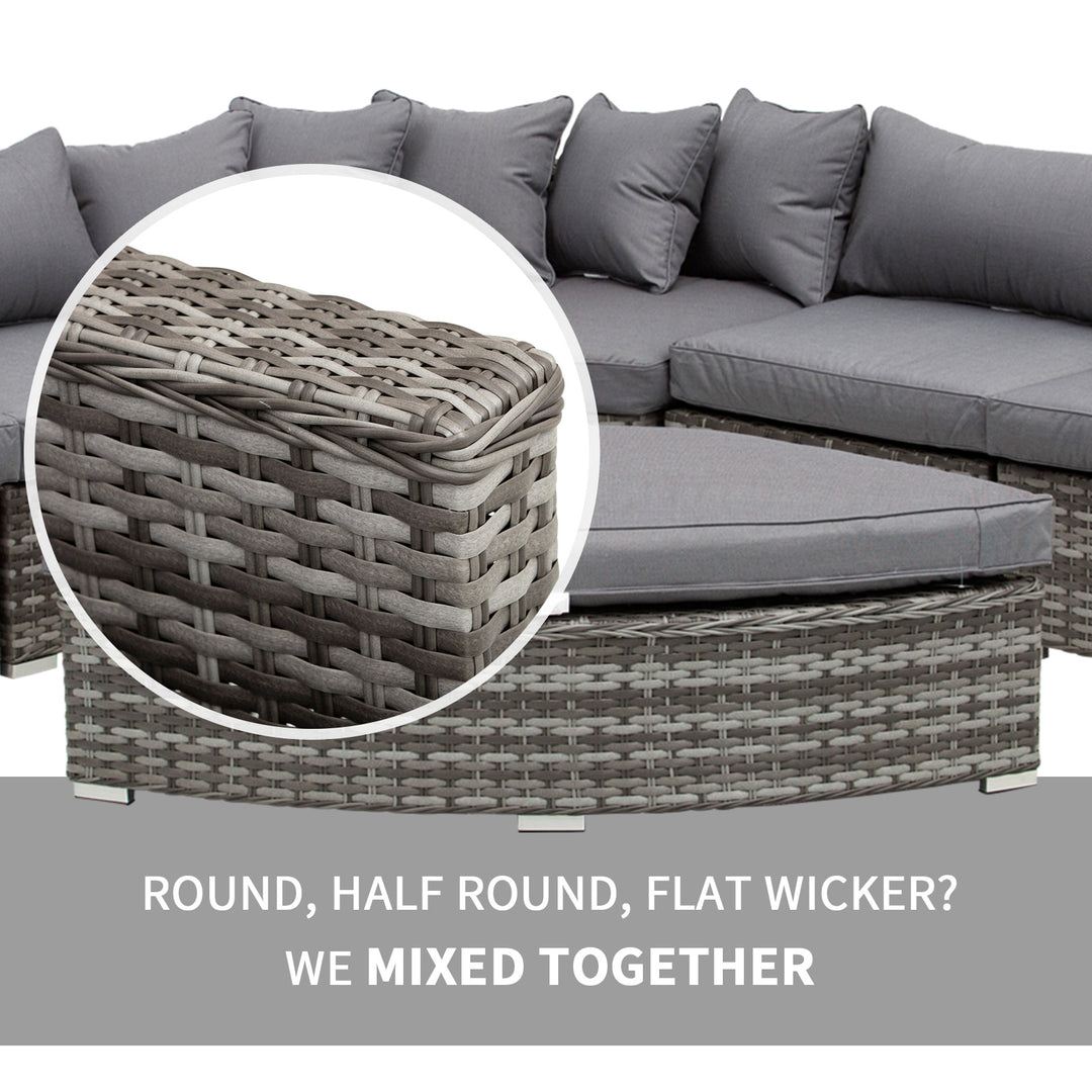 Outsunny 6-Seater Outdoor Rattan Wicker Sofa Set Half Round Patio Conversation Furniture Set w/ Cushions Grey