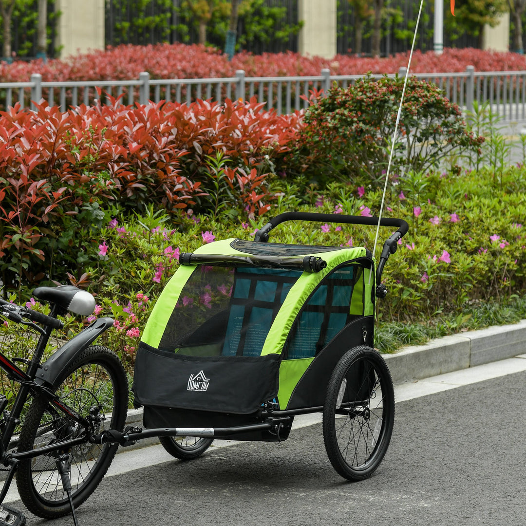 2 In 1 Trailer for Kids Child Foldable Baby Stroller 2-Seater Transport Carrier with Adjustable Handlebar Storage Bag Flag Green by HOMCOM