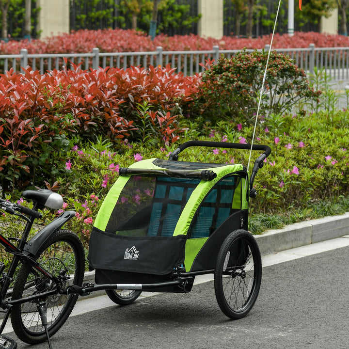 2 In 1 Trailer for Kids Child Foldable Baby Stroller 2-Seater Transport Carrier with Adjustable Handlebar Storage Bag Flag Green by HOMCOM