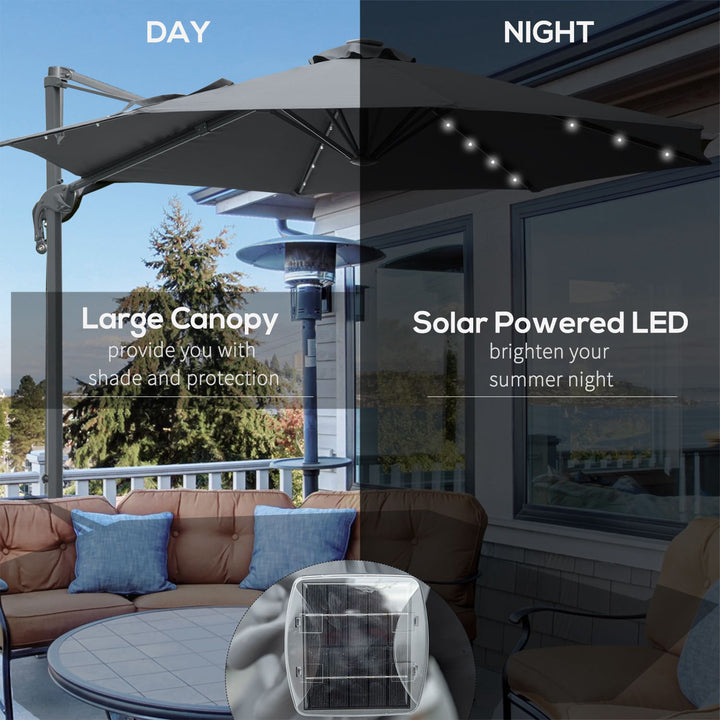 3(m) Square Outdoor Umbrella Patio Sun Umbrella with Crank & Tilt LED Solar Light Cross Base 360° Rotating Outdoor, Dark Grey