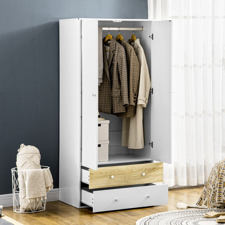 HOMCOM 2 Door Wardrobe White Wardrobe with Drawers and Hanging Rod for Bedroom Clothes Organisation and Storage