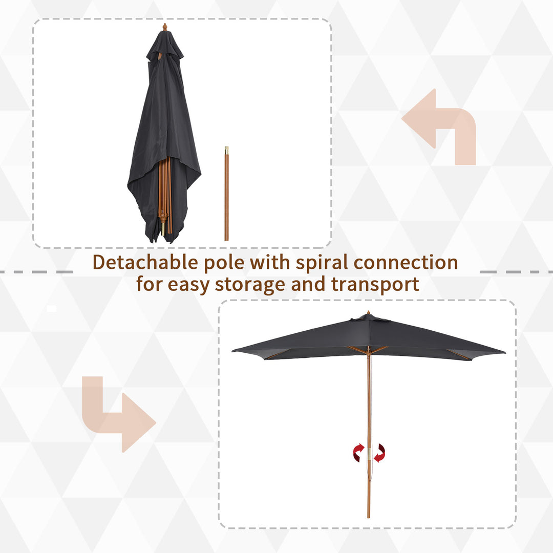 Outsunny Wooden Garden Parasol Umbrella Outdoor Sun Shade Canopy, Dark Grey，2 x 3m