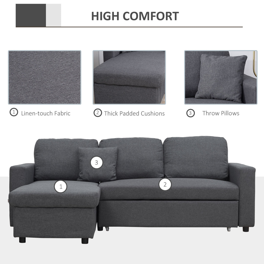 3 Seater Corner Sofa Bed with Storage, L Couches for Living Room with Chaise Lounge, Double Sofa, Grey