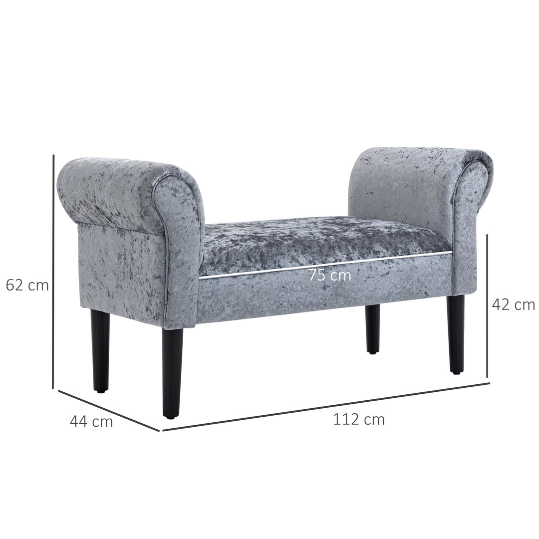 HOMCOM Ice Crush Velvet Fabric Upholstered Bed End Bench, Padded Sponge Cushion Bedroom Bench with Armrests Rubber Wood for Room Entryway, Silver Grey