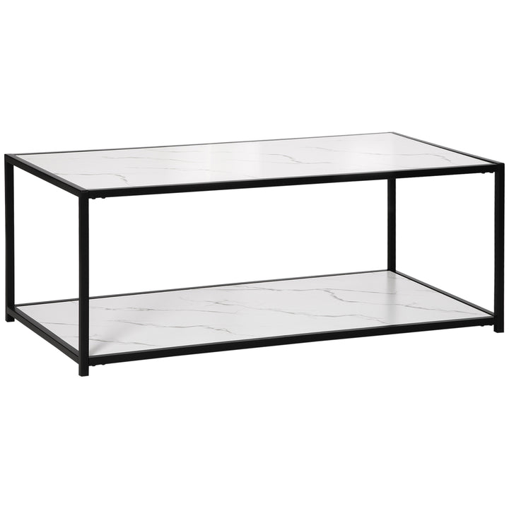 HOMCOM Modern Coffee Table with Faux Marble Top, Cocktail Table with 2-Tier Storage and Steel Frame for Living Room, White