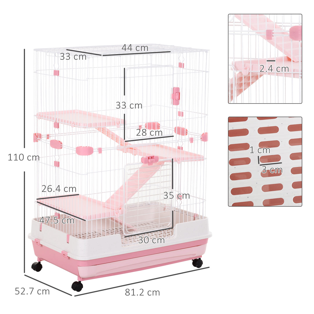 Four-Tier Small Animal Cage, for Bunnies, Ferrets, Chinchillas w/ Wheels, Tray - Pink