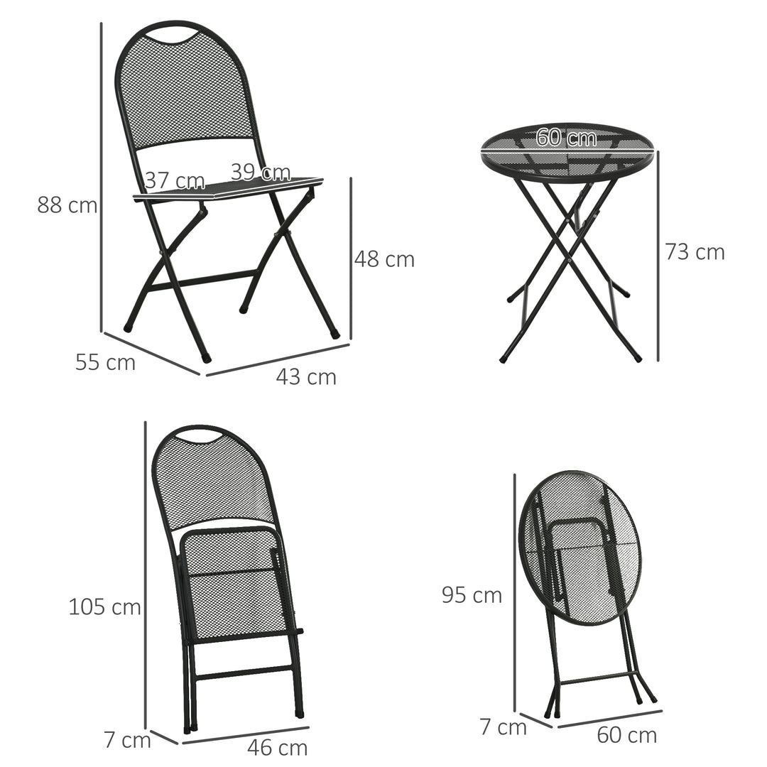 Outsunny 3 Piece Garden Bistro Set w/ Folding Design Mesh Metal Outdoor Coffee Table Set Two Chairs Black