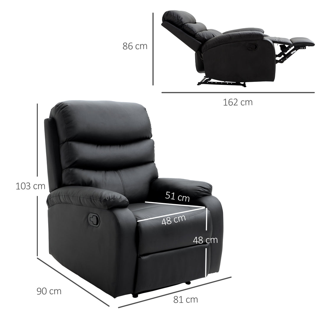 Single Recliner Sofa PU Leather Armchair Padded Armrest Reclining Cinema Chair Living Room Lounge (Black)