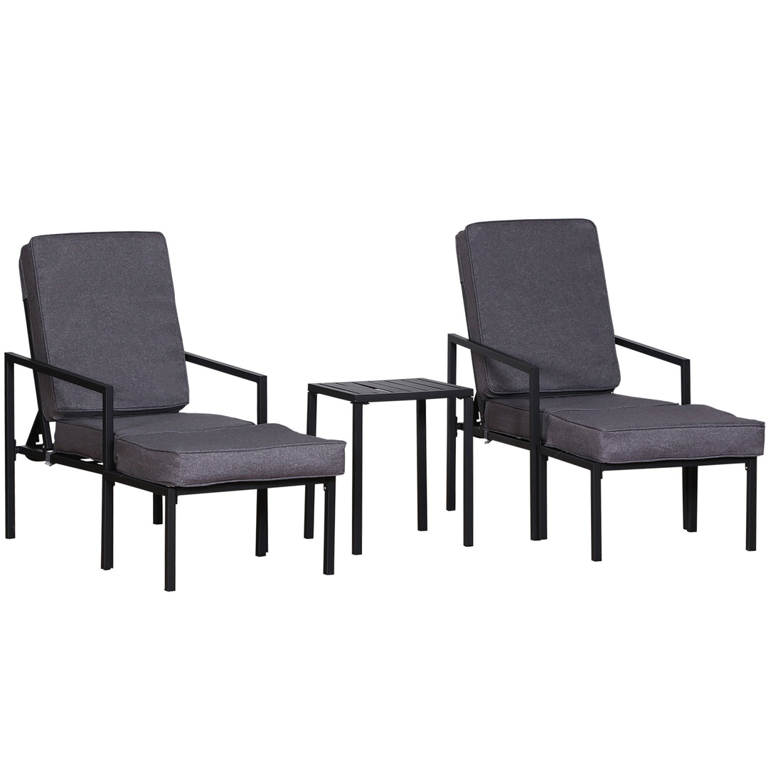 Outsunny Garden Patio Sun Lounger Outdoor Lounger 5 pcs Set Reclining Chair &amp; Coffee Table Footstools Metal Frame Patio Lounger with Cushions