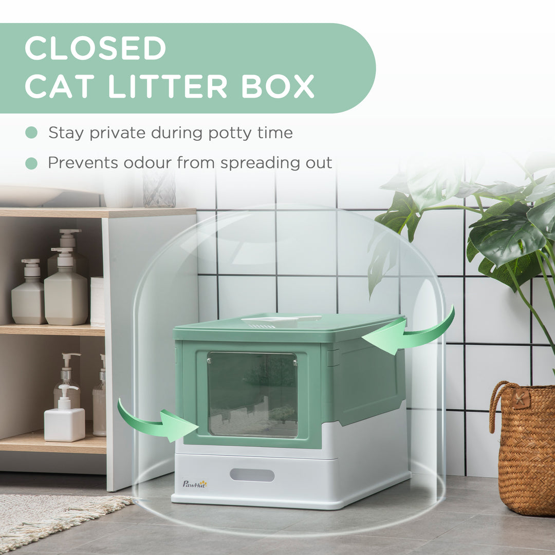 PawHut Hooded Cat Litter Box Scoop Included, Litter Tray with Front Entry Top Exit, Portable Pet Toilet with Large Space, 47.5 x 35.5 x 36.7 cm Green