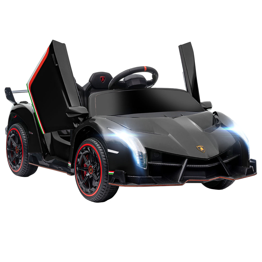 Lamborghini Veneno Licensed 12V Kids Electric Ride on Car with Butterfly Doors, Portable Battery, Powered Electric Car with Bluetooth, Remote, Music, Horn, Suspension, for 3-6 Years - Black