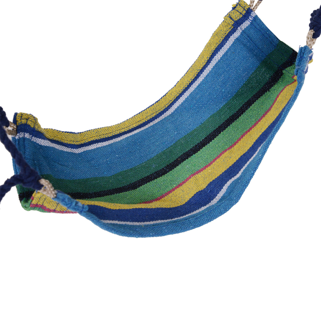 Outdoor Hammock Hanging Rope Garden Yard Patio Swing Chair Seat Woodenwith Footrest Cotton Cloth Blue Stripe