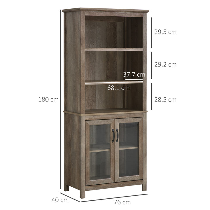 Free standing Kitchen Cupboard with 3 Open Shelves, Glass Door Cabinet, Storage Unit Home Organisation, Brown