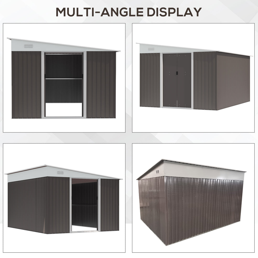 Outsunny 11 x 9 ft Metal Garden Storage Shed Sloped roof Tool House with Double Sliding Doors and 2 Air Vents, Grey