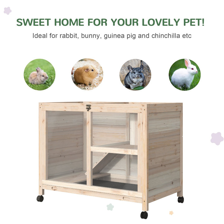 PawHut Wooden Rabbit Hutch Guinea Pigs House Bunny Small Animal Cage W/ Pull-out Tray Openable Roof Wheels 91.5 x 53.3 x 73 cm