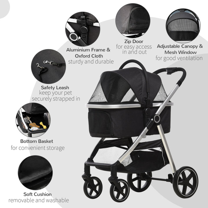 PawHut 3 in 1 Foldable Dog Pushchair, Detachable Travel Stroller w/ EVA Wheels, Adjustable Canopy, Safety Leash, Cushion, for Small Pets - Black