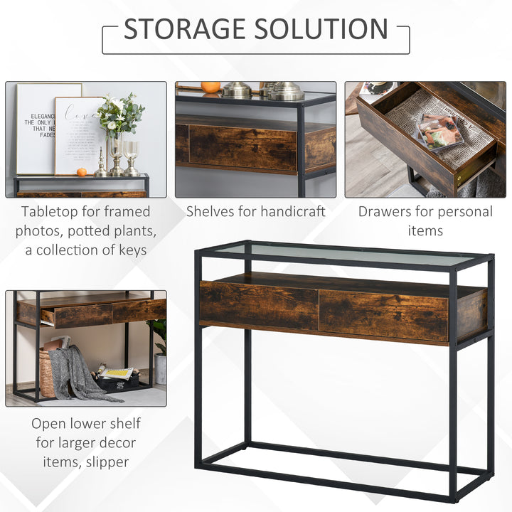 Entryway Console Table Desk with Drawers, Toughened Glass Shelf, 3D Wood Grain