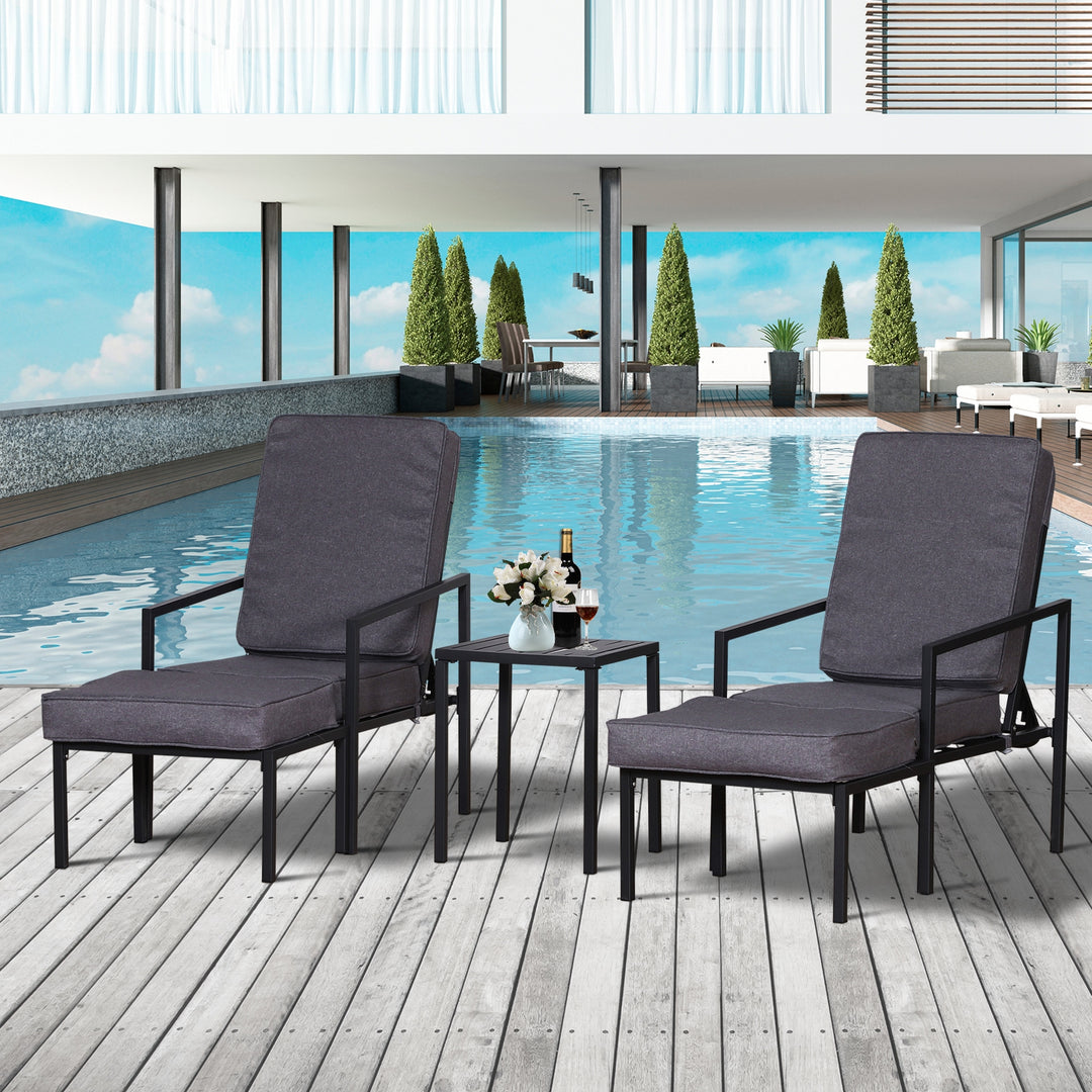 Outsunny Garden Patio Sun Lounger Outdoor Lounger 5 pcs Set Reclining Chair &amp; Coffee Table Footstools Metal Frame Patio Lounger with Cushions