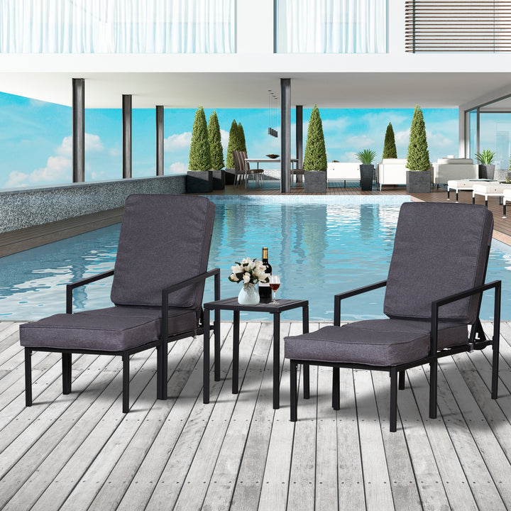 Outsunny Garden Patio Sun Lounger Outdoor Lounger 5 pcs Set Reclining Chair &amp; Coffee Table Footstools Metal Frame Patio Lounger with Cushions