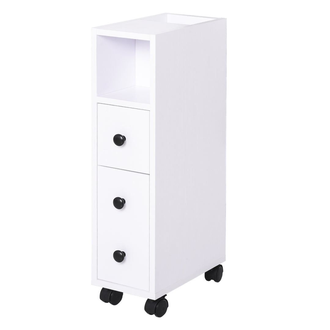 kleankin Slimline Bathroom Storage Unit w/ 2 Drawers 2 Open Compartments Wheels Handles Freestanding Compact Home Office Furniture White