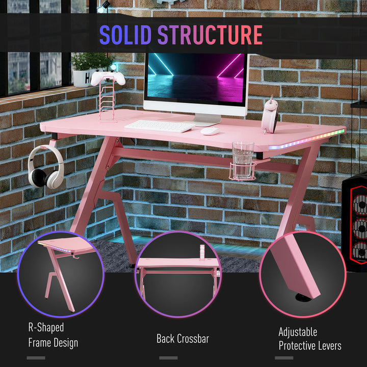 Gaming Desk Racing Style Home Office Ergonomic Computer Table Workstation with RGB LED Lights, Controller Rack & Cable Management, Pink