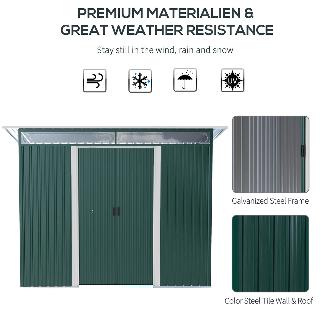 Outsunny Pent Roofed Metal Garden Shed House Hut Gardening Tool Storage w/ Ventilation 260L x 133W x 200Hcm