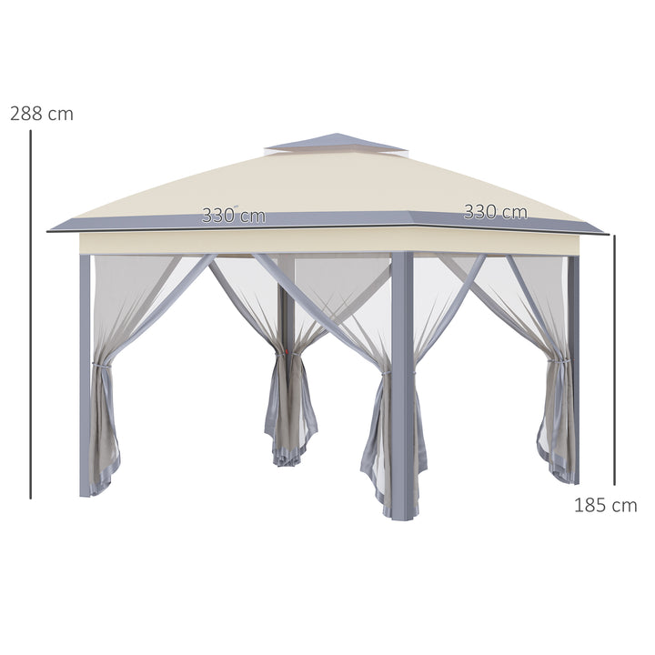 Outsunny 11' x 11' Pop Up Canopy, Double Roof Foldable Canopy Tent with Zippered Mesh Sidewalls, Height Adjustable and Carrying Bag, Event Tent Beige