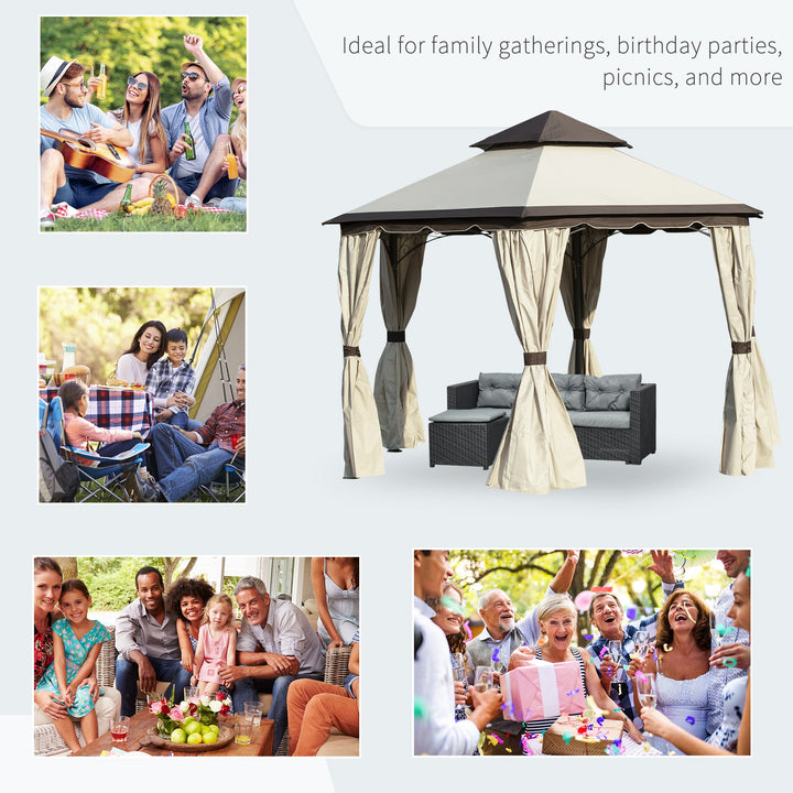 Outsunny 3.4m Steel Gazebo Canopy Party Tent Garden Pavilion Patio Shelter with Curtains &amp; 2 Tier Roof, Beige