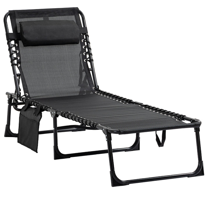 Portable Sun Lounger, Folding Camping Bed Cot, Reclining Lounge Chair 5-position Adjustable Backrest w/Side Pocket for Patio Garden Black