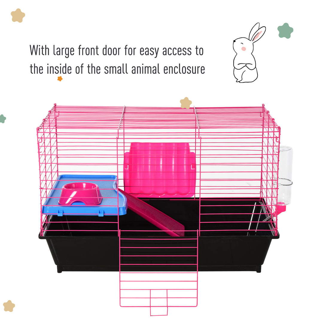 PawHut Dwarf Hamster Metal Cage w/ Tunnels Water Bottle Food Dish Pink