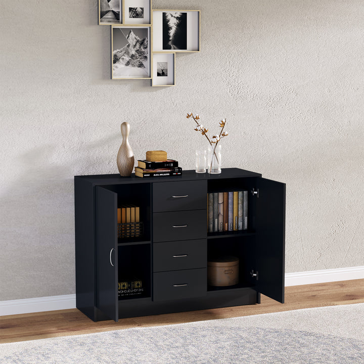 Sideboard Storage Cabinet with 2 Doors and 4 Drawers Free Standing Cupboard, Chest Organizer for Kitchen and Living Room, Black
