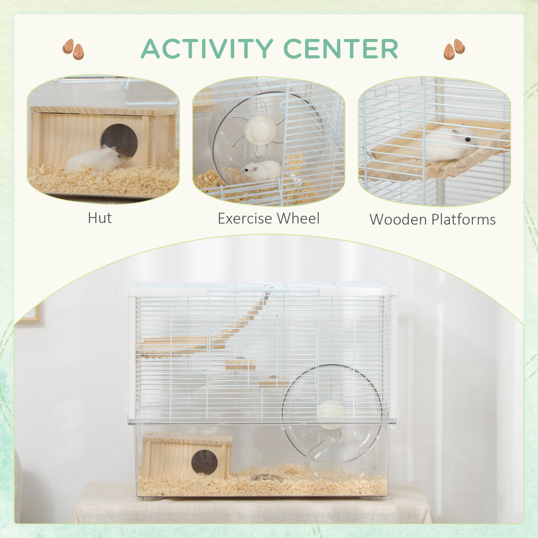 Hamster Cage, Gerbilarium Cage, Wooden Ramp, Exercise Wheel, Food Bowl, Natural Tone and White