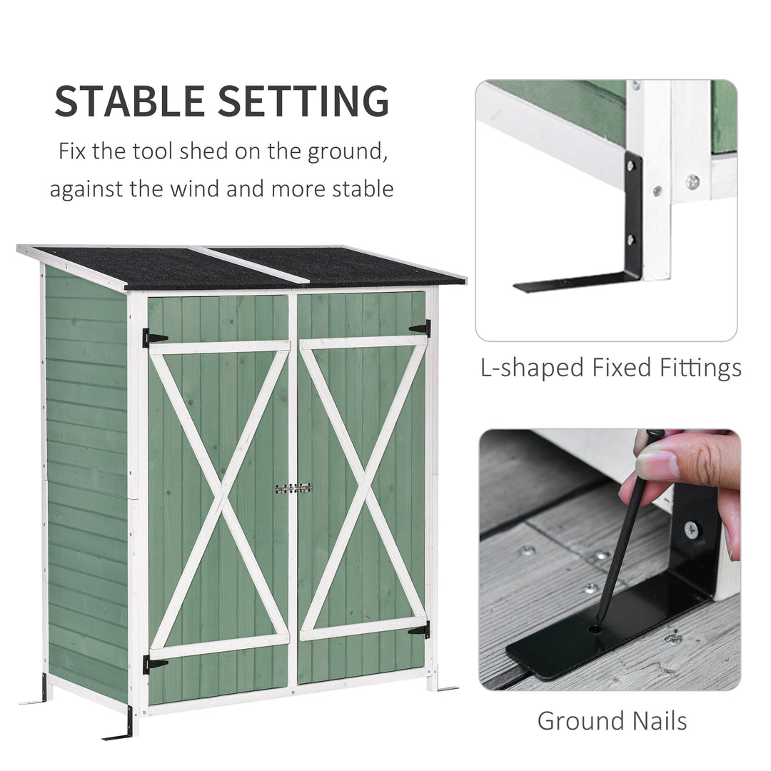 Outsunny Wooden Garden Storage Shed Multifunction Lockable Tool Cabinet Organizer w/ Table, Hooks and Ground Nails, 139 x 75 x 160 cm