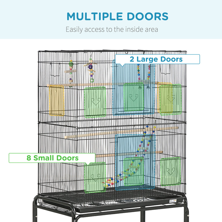 Bird Cage with Stand, Toys, Wheels, for Canaries, Finches, Lovebirds, Parakeets, Budgie Cage with Accessories, Storage Shelf, Black