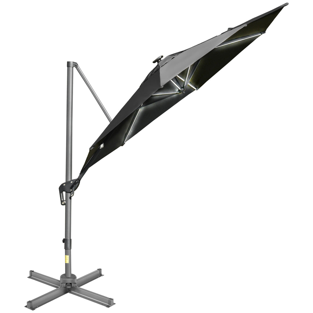 Outsunny 3m Cantilever Roma Parasol Adjustable Garden Sun Umbrella with LED Solar Light, Aluminum Frame, Tilt &amp; Crank, UV50+, Dark Grey