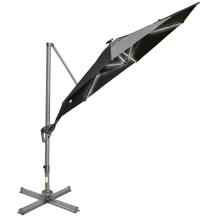 Outsunny 3m Cantilever Roma Parasol Adjustable Garden Sun Umbrella with LED Solar Light, Aluminum Frame, Tilt &amp; Crank, UV50+, Dark Grey